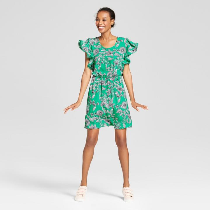 Women's Floral Ruffle Sleeve Dress - A New Day Green