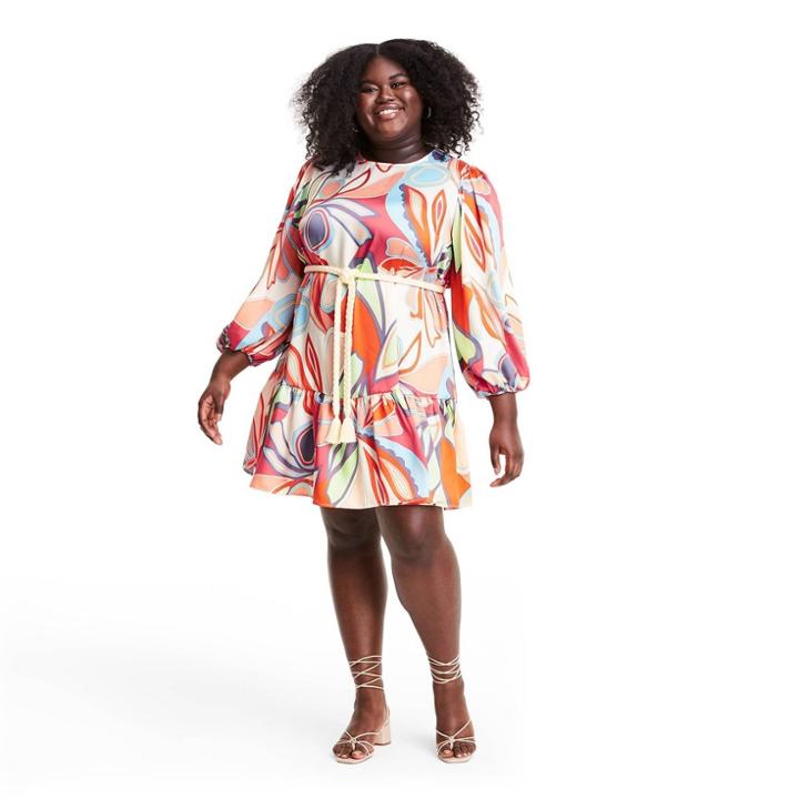Plus Size Mixed Floral Long Sleeve Rope Belt Tiered Dress - Alexis For Target