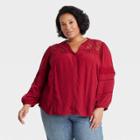 Women's Plus Size Long Sleeve Button-front Eyelet Blouse - Knox Rose Red