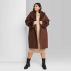 Women's Plus Size Faux Fur Trim Long Jacket - Wild Fable Dark Brown