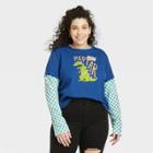 Nickelodeon Women's Plus Size Reptar Long Sleeve Graphic T-shirt - Blue Checkered