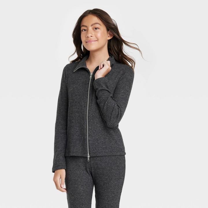 Girls' Rib Double Zip Long Sleeve Top - Art Class Black