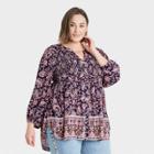 Women's Plus Size Paisley Print Long Sleeve Smocked Button-down Top - Knox Rose Navy