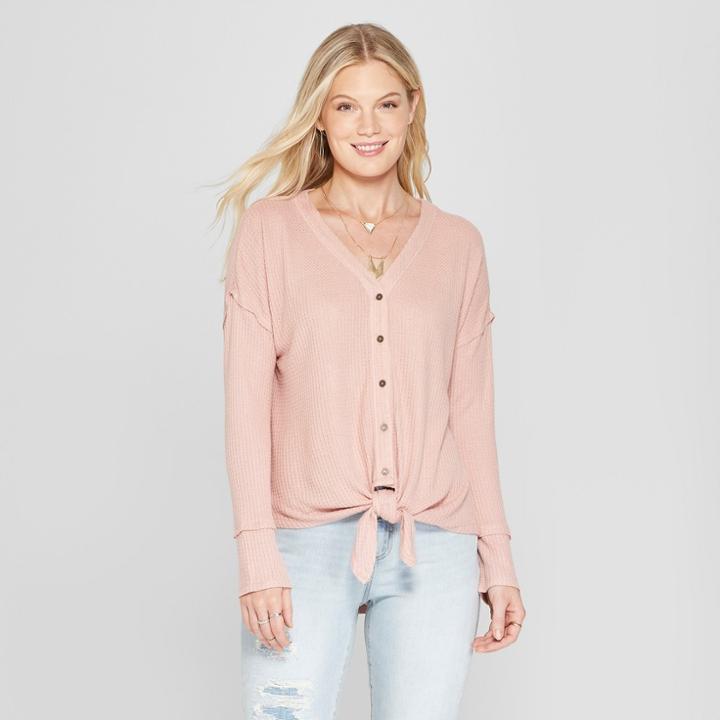 Women's Long Sleeve Waffle Knit Tie Front Top - Knox Rose Pink