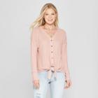 Women's Long Sleeve Waffle Knit Tie Front Top - Knox Rose Pink