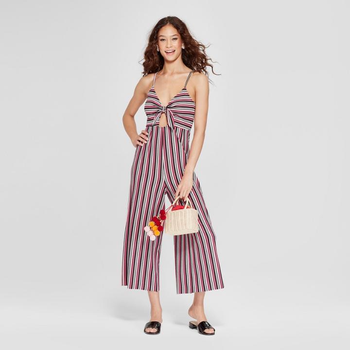 Women's Striped Tie Front Cutout Jumpsuit - Love @ First Sight (juniors') Pink/white/black Xl,