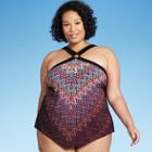 Women's Plus Size High Neck Ring Tankini Top - Aqua Green Black