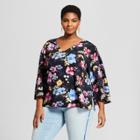 Women's Plus Size Floral Print Long Sleeve Blouse - Ava & Viv Black 1x,