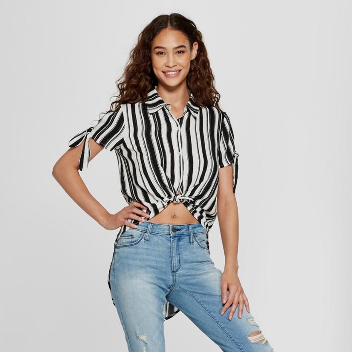 Women's Striped Short Sleeve Tie Front Top - 3hearts (juniors') Cream M, Black Off-white