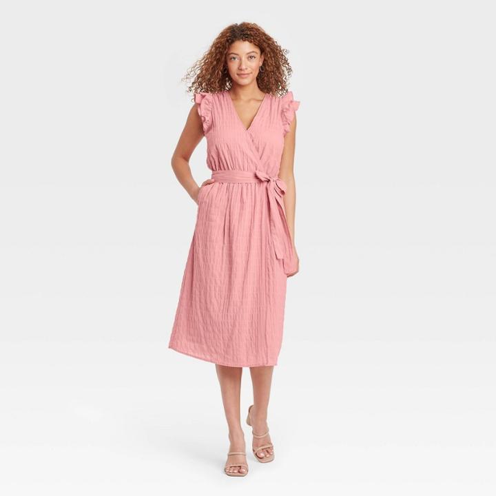 Women's Ruffle Short Sleeve Wrap Dress - A New Day Pink