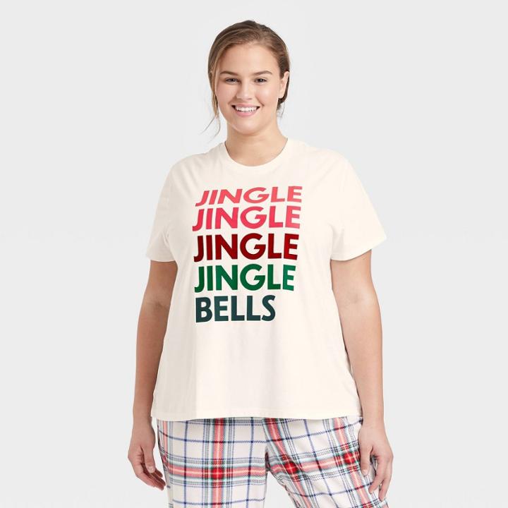Women's Plus Size Holiday Jingle Bells Matching Family Pajama T-shirt - Wondershop White