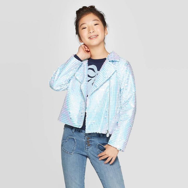 Disney Girls' Frozen 2 Sequin Bomber Jacket - Light Blue S, Girl's,