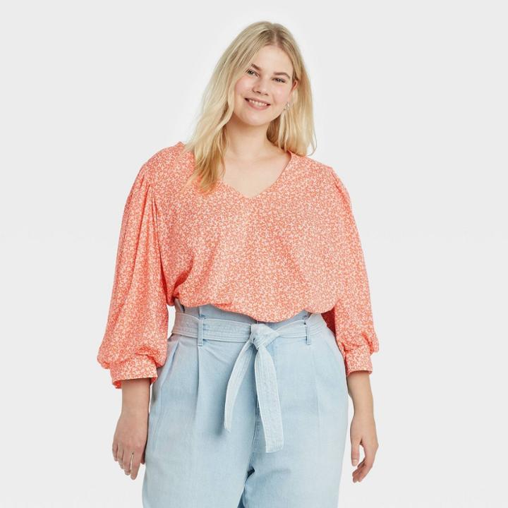 Women's Plus Size Floral Print 3/4 Sleeve Voile Top - A New Day Coral