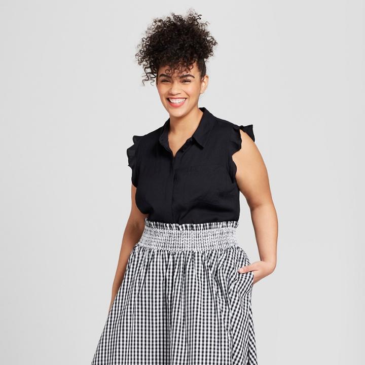 Women's Plus Size Sleeveless Ruffle Button-up Blouse - Who What Wear Black X
