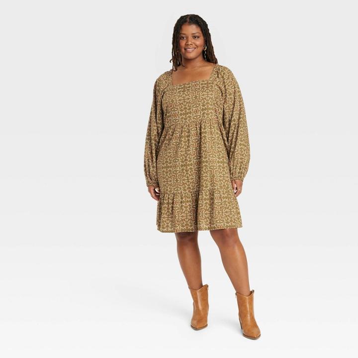Women's Plus Size Balloon Long Sleeve Shift Dress - Universal Thread Green Floral