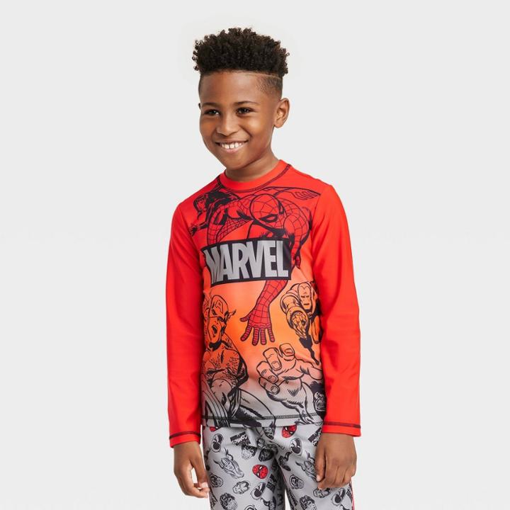 Boys' Marvel Long Sleeve Rash Guard Swimsuit Top - Red