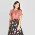 Petitewomen's Floral Print Short Sleeve Crewneck Woven T-shirt - A New Day Brown L, Women's,
