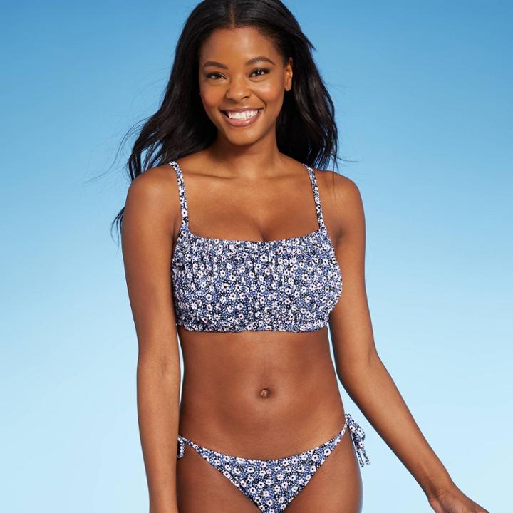 Juniors' Ribbed Bralette Bikini Top - Xhilaration Denim Blue Floral D/dd Cup