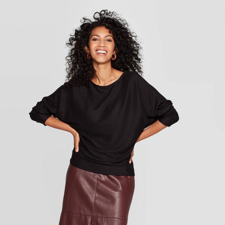 Women's Casual Fit Dolman Long Sleeve Boat Neck Rib Snit T-shirt - A New Day Black