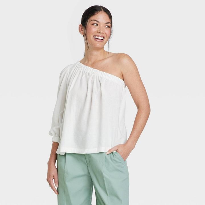 Women's Puff Long Sleeve One Shoulder Top - A New Day White