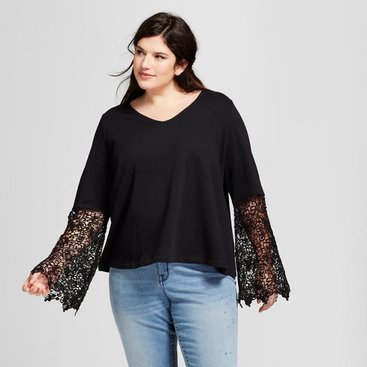 Women's Plus Size Crochet Long Sleeve Sweatshirt - Ava & Viv Black