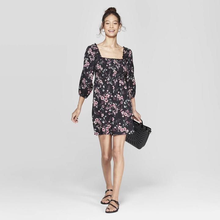 Women's Floral Print 3/4 Sleeve Off The Shoulder Smocked Top Dress - Xhilaration Black