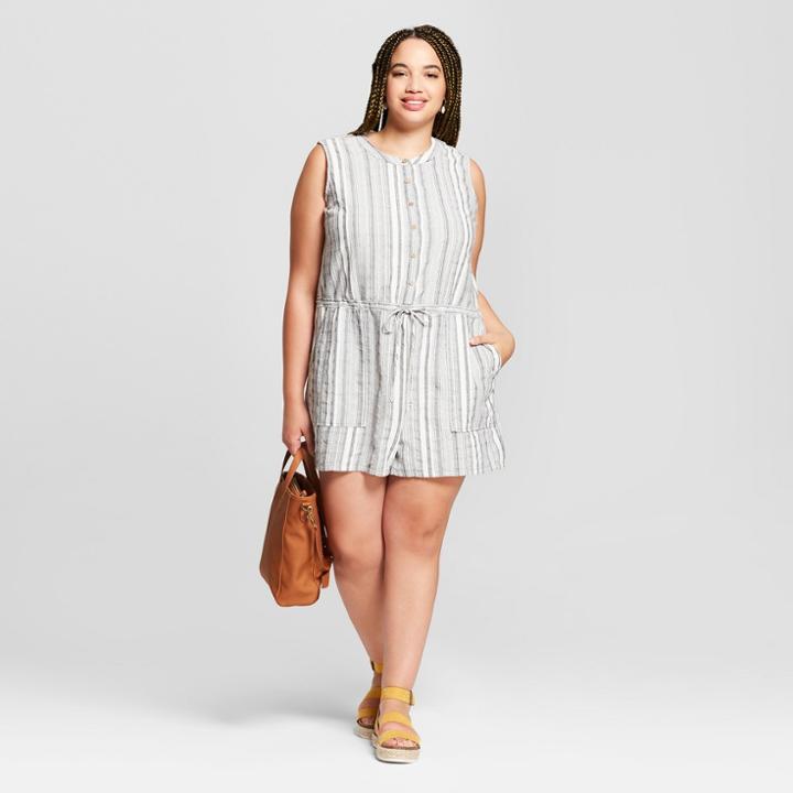Women's Plus Size Striped Romper - Universal Thread Gray X,