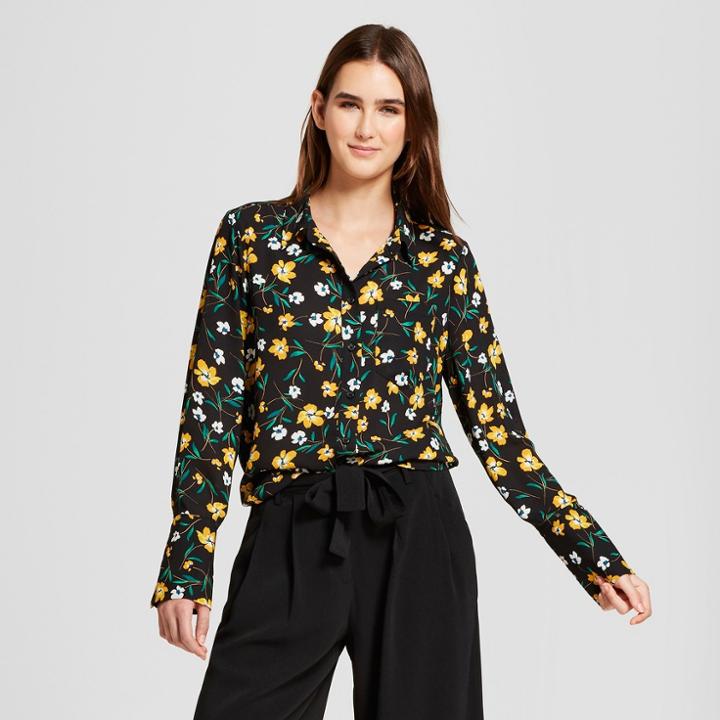 Women's Floral Print Long Sleeve Silky Button-up Blouse- Who What Wear Black Xs, Black Floral