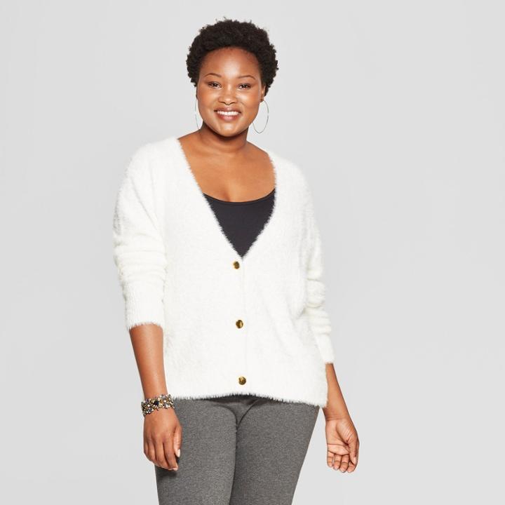 Women's Plus Size Fuzzy Button Front Cardigan - Ava & Viv Cream (ivory)