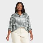 Women's Plus Size Long Sleeve Gauze Button-down Shirt - Universal Thread Green Plaid