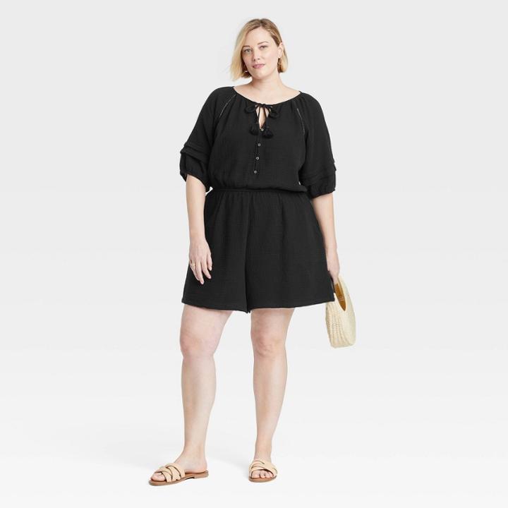 Women's Plus Size Short Sleeve Gauze Romper - Knox Rose Black