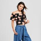 Women's Floral Print Off The Shoulder Ruffle Top - Almost Famous (juniors') Black