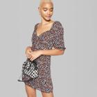 Women's Floral Print Tie Front Puff Sleeve Dress - Wild Fable Navy