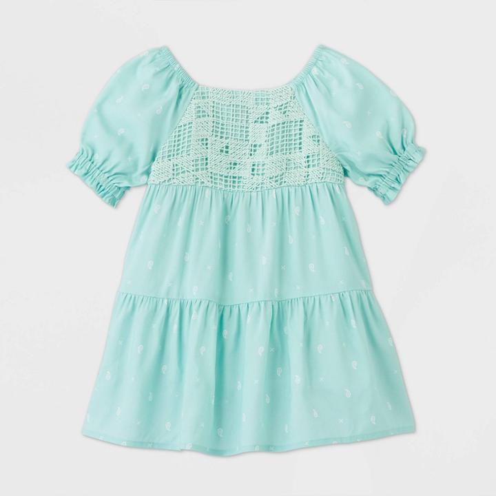 Petitetoddler Girls' Short Sleeve Crochet Tiered Dress - Art Class Mint Blue