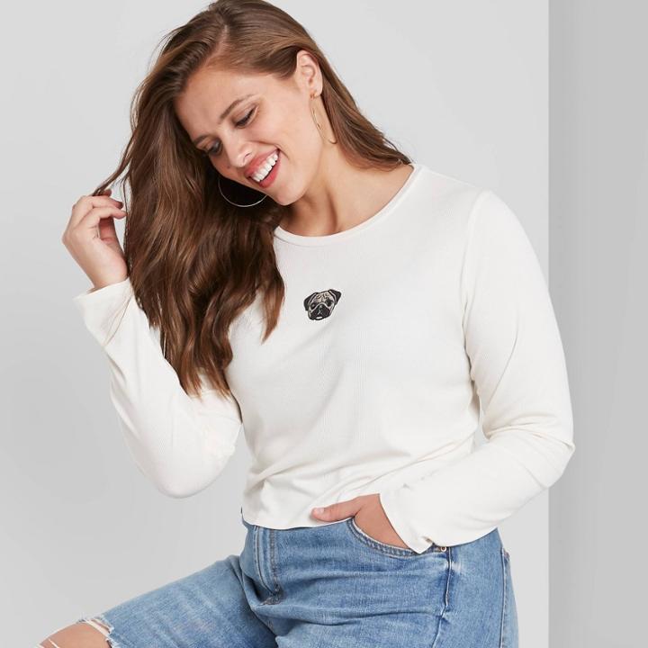 Women's Plus Size Long Sleeve Fitted Rib-knit T-shirt - Wild Fable Cream Pug Embroidery 1x, Ivory Pug Embroidery