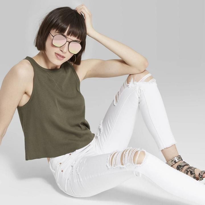 Women's Crewneck Cutoff Boxy Tank Top - Wild Fable Olive (green)