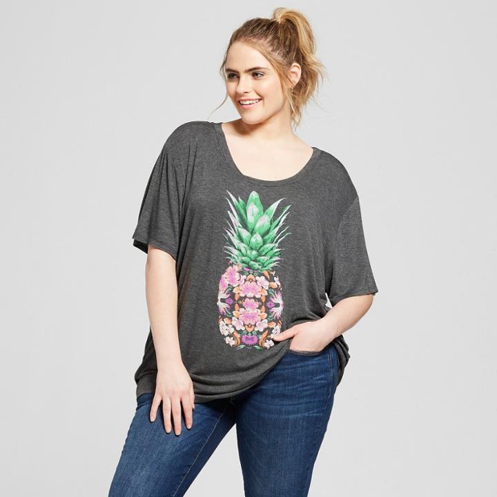 Women's Plus Size Short Sleeve Pineapple Print Drapey Graphic T-shirt - Fifth Sun (juniors') Charcoal