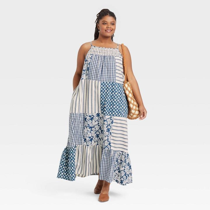 Women's Plus Size Sleeveless Tiered Dress - Universal Thread Blue Patchwork