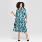 Women's Plus Size Floral Print Convertible Sleeve Midi Shirt Dress - Who What Wear Teal/white 4x, Blue/white Floral