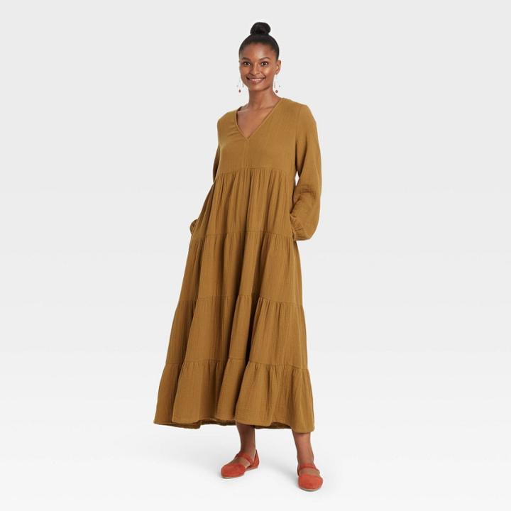 Women's Balloon Long Sleeve Tiered Dress - Universal Thread Brown