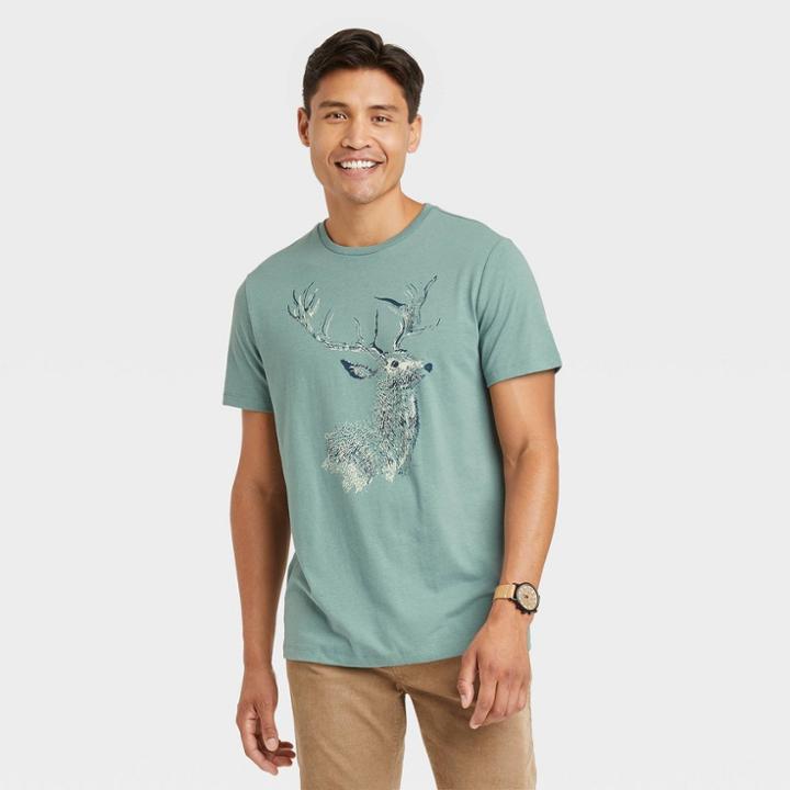 Men's Printed Standard Fit Short Sleeve Crewneck T-shirt - Goodfellow & Co Sage Green/deer