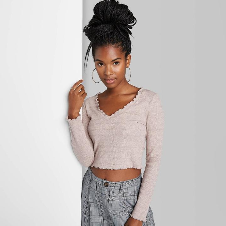 Women's Long Sleeve V-neck Lettuce Edge Fitted T-shirt - Wild Fable Heathered