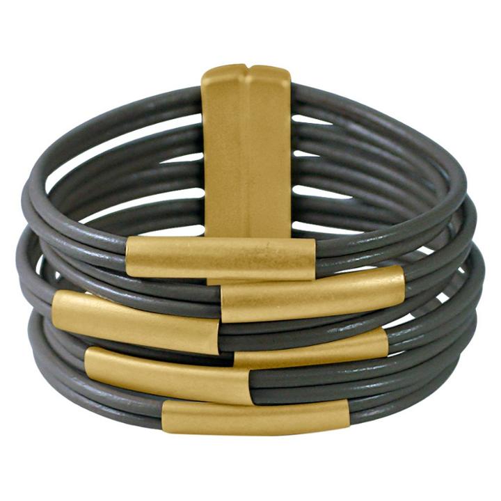 Zirconmania Zirconite Multi-strand Genuine Leather Cuff Bracelet With Tube Bars - Gold/light Brown