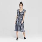 Women's Striped Short Sleeve Button Front Tie Midi Dress With Pockets - Xhilaration