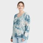 Women's Plus Size V-neck Pullover Sweater - Knox Rose Teal Tie-dye 1x, Blue Tie-dye
