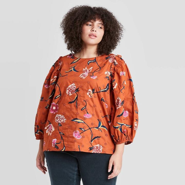 Women's Plus Size Floral Print Puff 3/4 Sleeve Eyelet Blouse - Universal Thread Brown