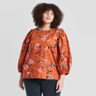 Women's Plus Size Floral Print Puff 3/4 Sleeve Eyelet Blouse - Universal Thread Brown