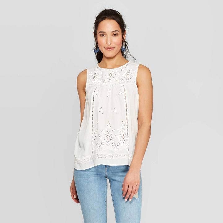 Women's Sleeveless Crewneck Eyelet Knit Back Tank Top - Knox Rose White