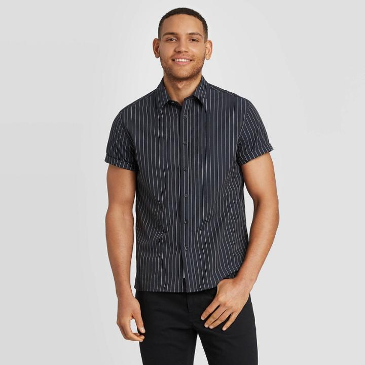 Men's Standard Fit Textured Short Sleeve Button-down Shirt - Goodfellow & Co Dark Blue