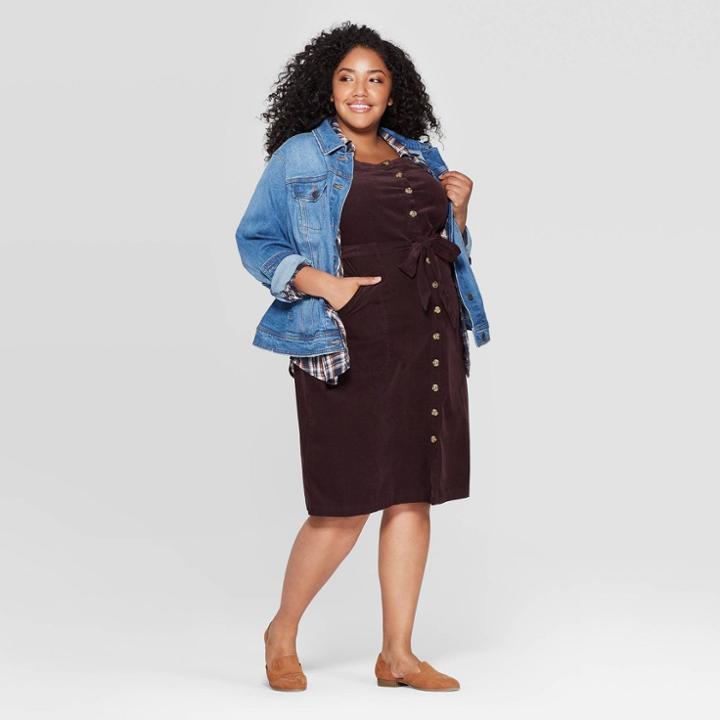 Women's Plus Size Sleeveless Square Neck Corduroy Midi Button-front Dress - Universal Thread Brown